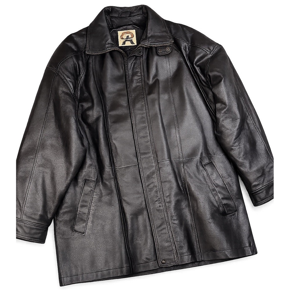 Phase 2 Leather Coat Mens 2XL Black Zip Front Removable Liner Winter Overcoat